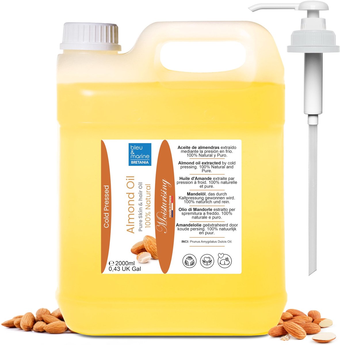 Dailygoods- Amandelolie Koudgeperst - Vochtinbrengende Crème - Natuurlijke Make-up Verwijderaar - Haarverzorging - Oranje - 2000 ml - Olie
