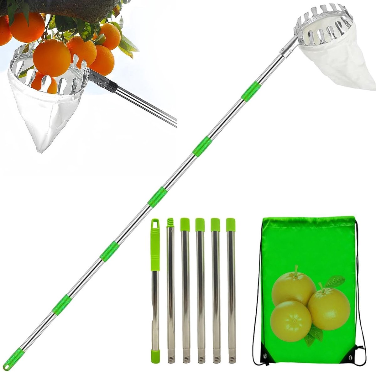 Fruitplukker - Oogstgrijper - Fruit oogsten - Uittrekbare steel - Tot 4 meter - Zilverkleurig