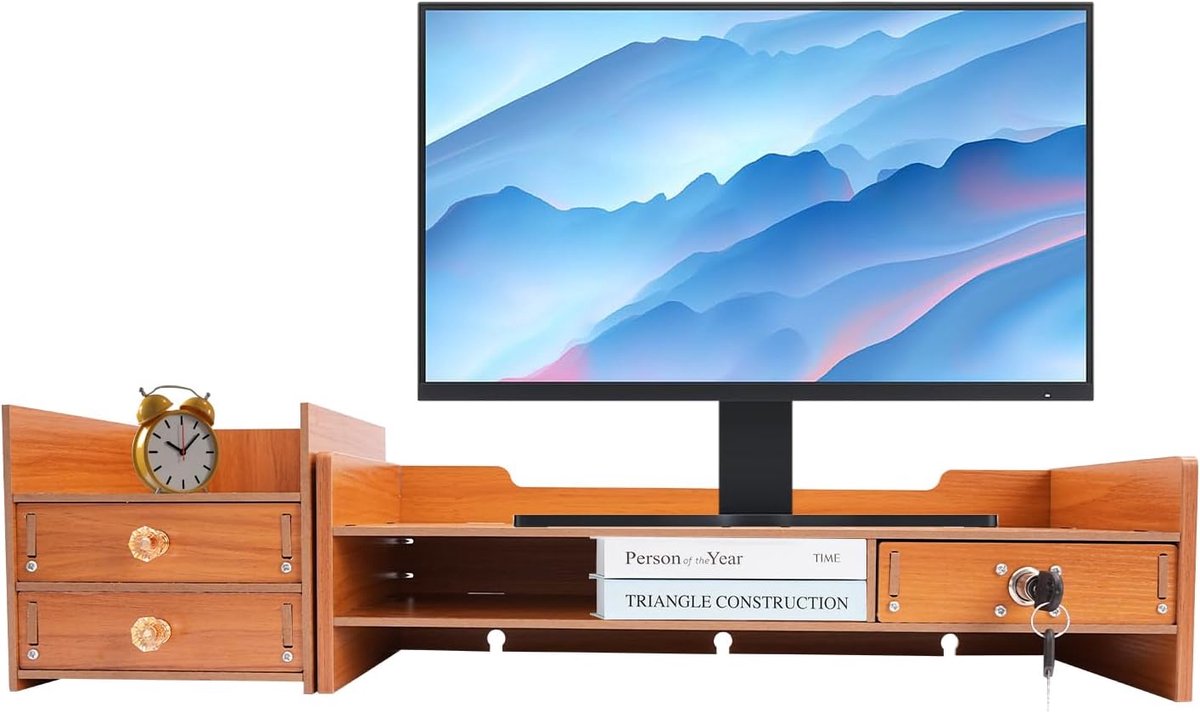 Bureau Opzetstuk - Monitorstandaard Laden - Bureau Organiseren - Met Afsluitbare Lade - 655 cm - Houtkleur