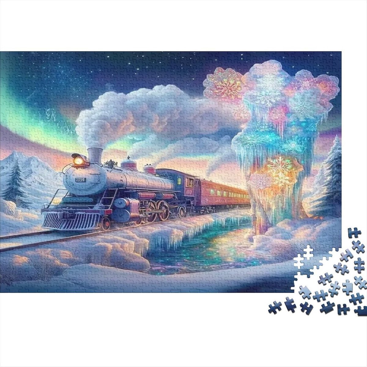 Stoomtrein Puzzel - Papier Puzzel - Ontspannend Spel - 1000 Stukjes - 52 x 38 cm - Winterverlichting