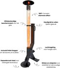 Zwarte mobiele pelletkachel met glazen cilinder. Kenmerken: 360° tornado vlammen, hittebestendige rand, makkelijk bijvullen, luchtregeling, pellet stopper en wielen.