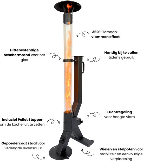 Zwarte mobiele pelletkachel met glazen cilinder. Kenmerken: 360° tornado vlammen, hittebestendige rand, makkelijk bijvullen, luchtregeling, pellet stopper en wielen.