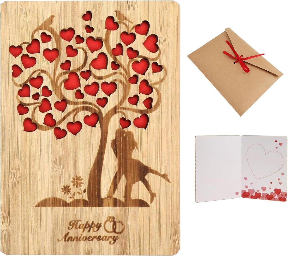 Houten Wenskaart met Envelop - 10 x 15 cm, Schrijfbare Kaart voor Bruiloft, Verjaardag en Jubileum met Hart Design