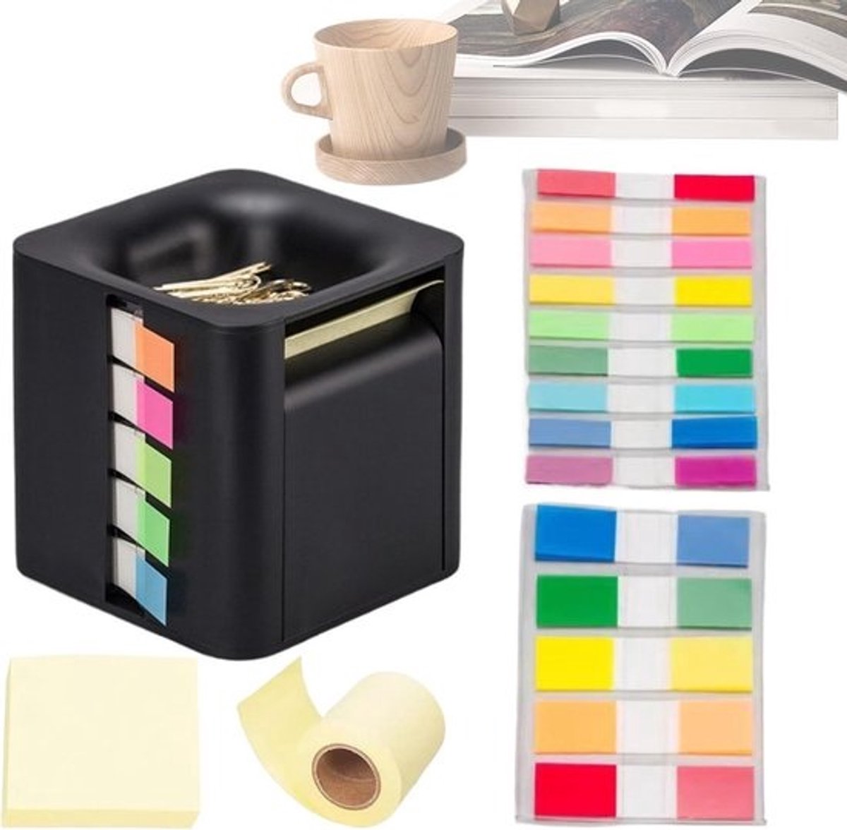 Memohouder Dispenser - Notitieblokhouder Bureau organizer - Bureau organiseren - 4-in-1 Pop-up Design - 8.5x8.5x8.5 cm - Wit