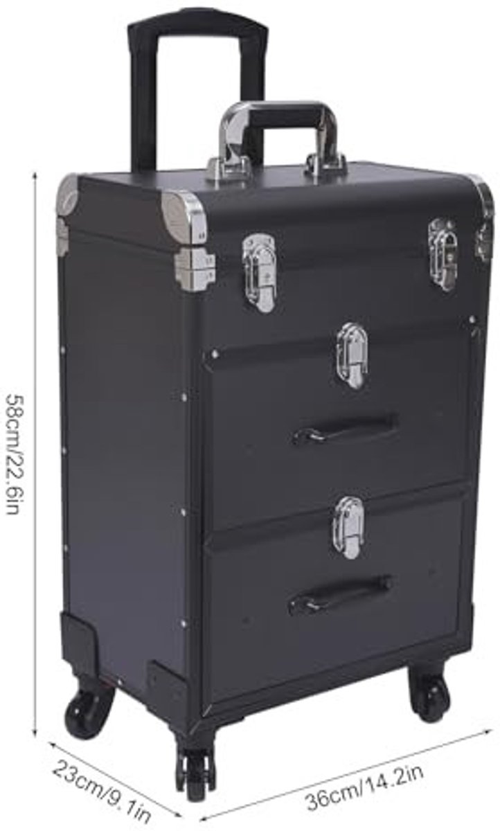 Cosmetic Case Trolley - 2 Lades met Wielen - Zwart