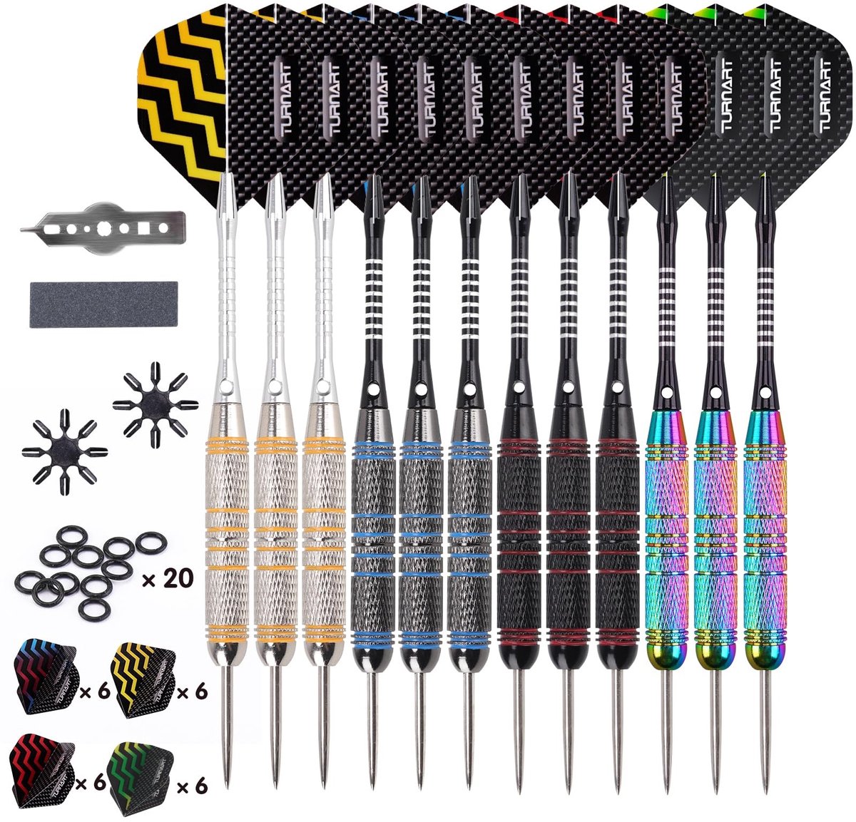 Darts Set met 12 Flights en 12 Aluminium Schachten - Multikleur