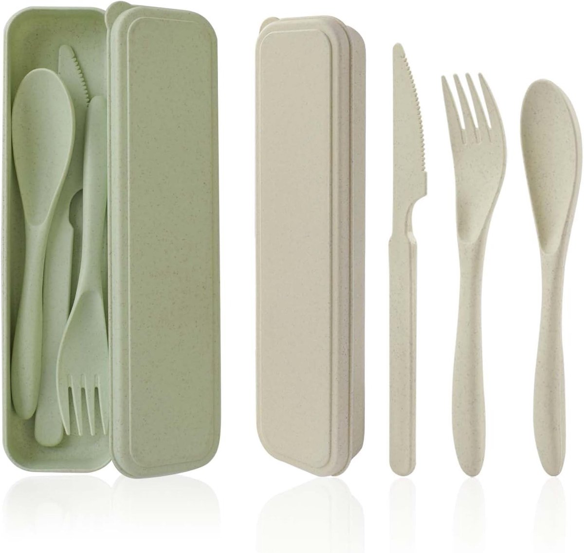 Draagbaar Bestekset met Etui, Herbruikbaar Plastic Tafelgerei, Bestek voor Kamperen, Picknick, Reizen en Dagelijks Gebruik (Groen+Beige)