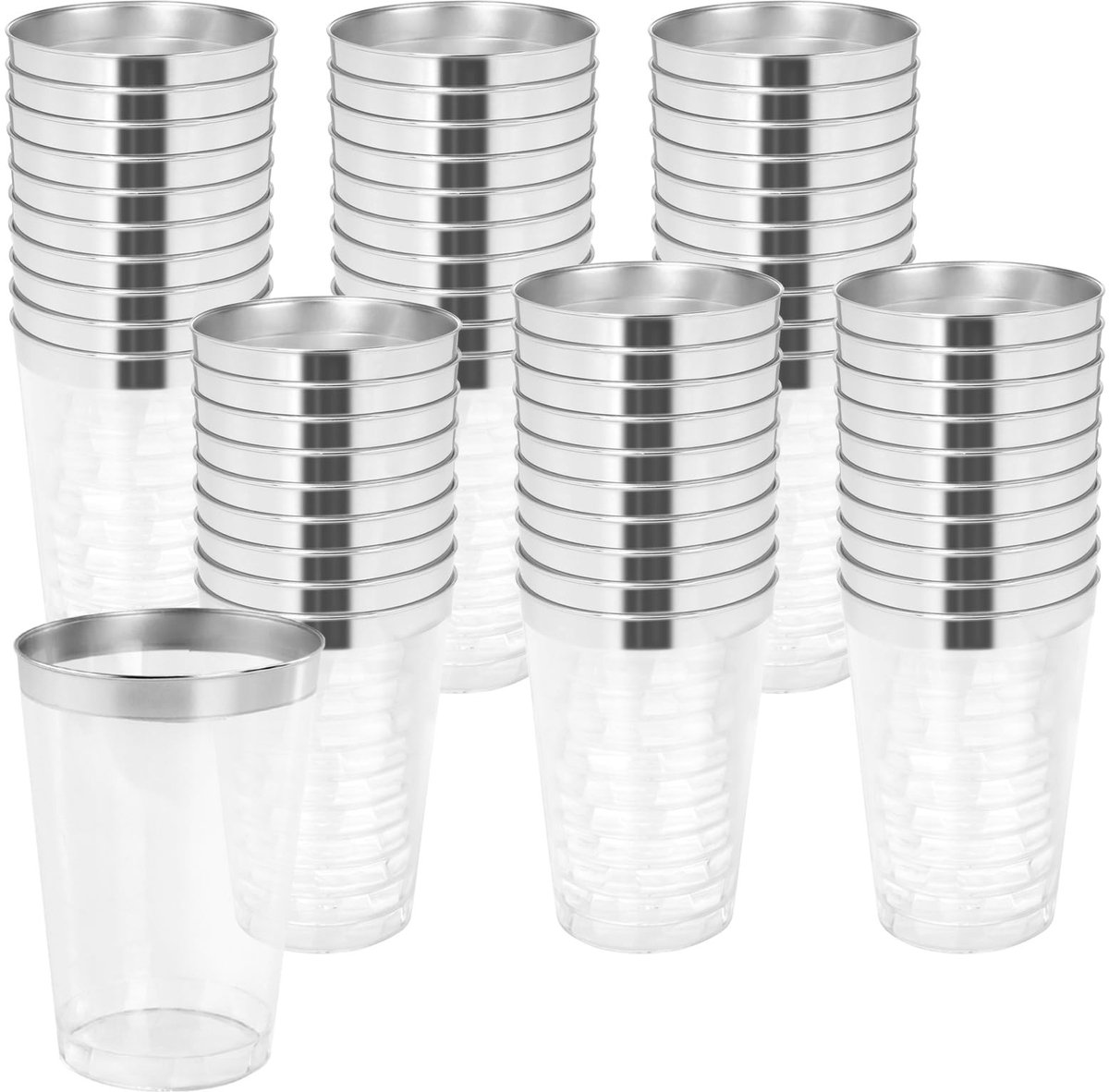 Set van 60 plastic bekers met zilveren rand - 12oz, 360ml