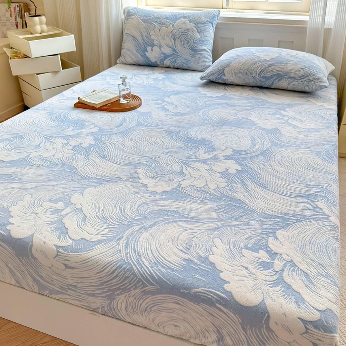 Hoeslaken 200 x 220 cm met 2 kussenslopen - Blauw golfpatroon