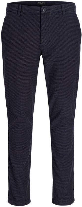 Donkerblauwe chino met fijne ruitprint en slim fit.