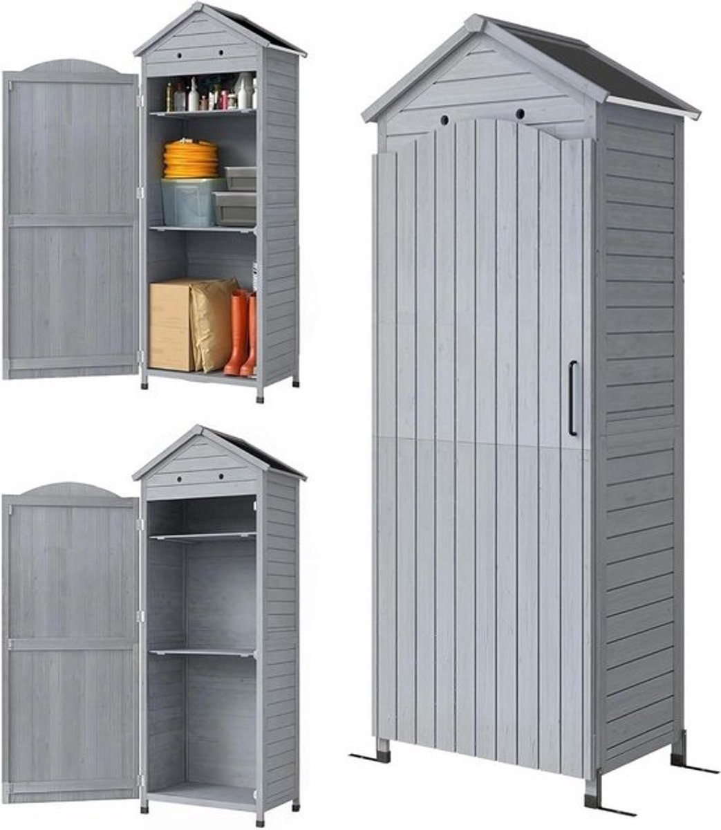 Tuinkast Hout - Gereedschapsschuur Hoge - Tuin Opbergen - Verstelbare Plank - 85 x 58 x 213 cm - Grijs