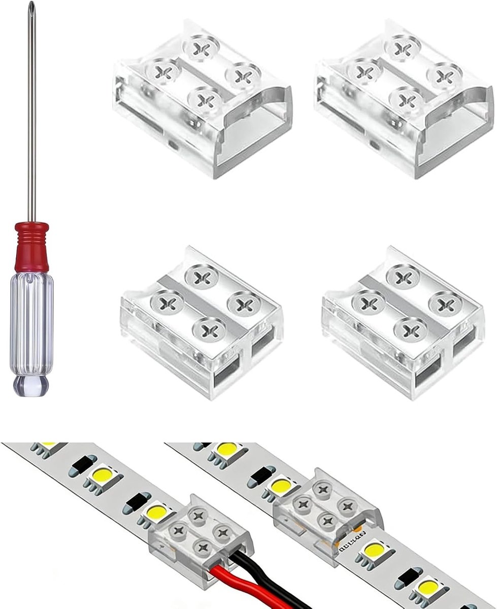 Set van 4 Stuks 2-Pin LED Strip Connectoren 10mm voor COB/SMD Enkele Kleur LED Verlichting, 12V 24V Tape Connectoren met Dubbele Tape en Strip-naar-Draad Aansluitingen inclusief Schroevendraaier
