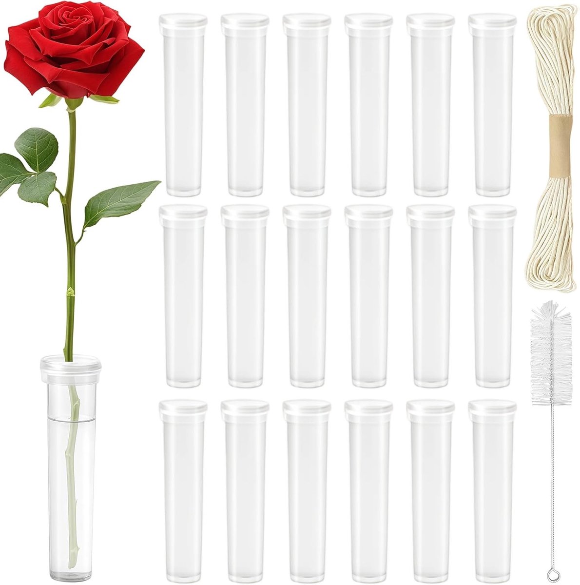 50 Stuks Herbruikbare Bloembuisjes met Deksel, Transparante Orchideebuisjes 7x1,8 cm, Inclusief Schoonmaakborstel en Touw voor Verse Bloemen en Decoratie