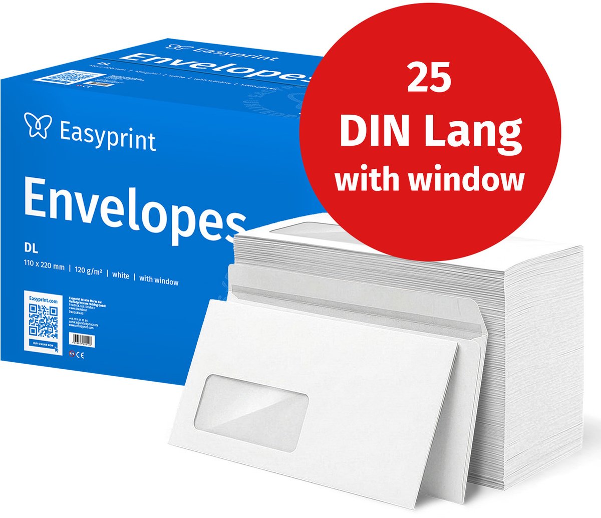 NIEUW: Easyprint Enveloppen met venster, DIN Lang, onbedrukt, 25 stuks