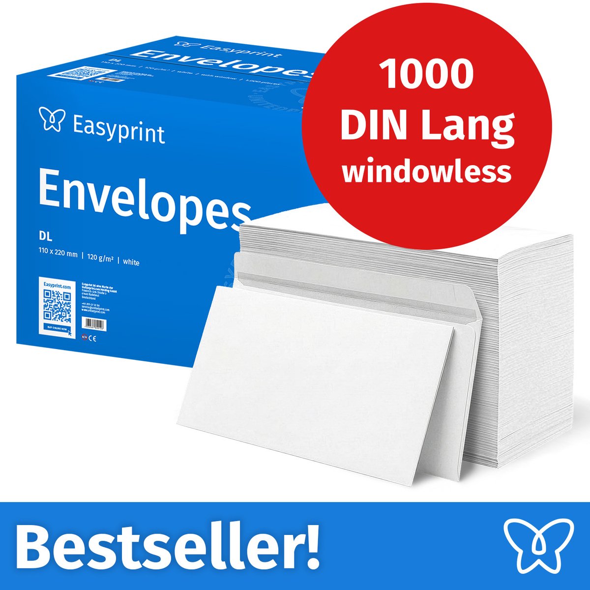 NIEUW: Easyprint Enveloppen zonder venster, DIN Lang, onbedrukt, 1000 stuks