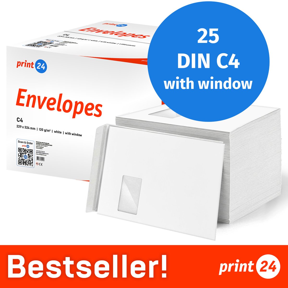 NIEUW: print24 Enveloppen met venster, DIN C4, onbedrukt, 25 stuks