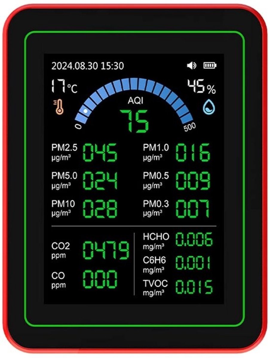 Luchtkwaliteitsmeter - Binnentester - Binnenklimaat Meten - 18 in 1 Functies - Compact Formaat - Zwart