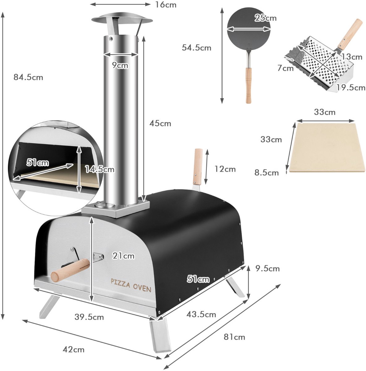SureDeal® - Keukengerei - Draagbare Pizzaoven - Buiten Pizzaoven - Vuurvaste Steen Pizzaoven - Tuin - Binnenplaats - 42x81x84,5 cm - Zilver
