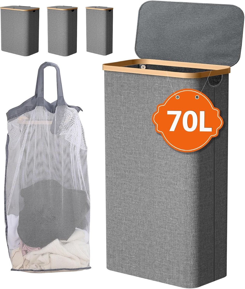 Narrow Vouwbare Wasmand met Deksel, 70 L, Handige Opbergmand voor Wasgoed en Yoga, Donkergrijs met Bamboe Handvat en Binnenzak