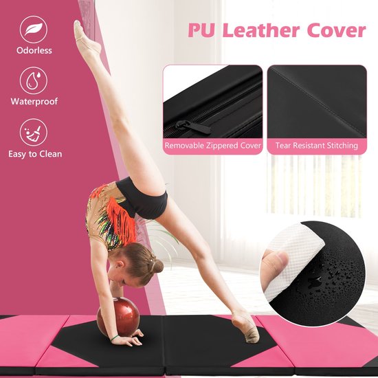 SureDeal® - Yogamatt - Opvouwbare Gymnastiekmat - Panelen Schuim - Trainingsmat - Handgrepen - Klittenband - 300x117x5 cm - Roze + Zwart — afbeelding 3