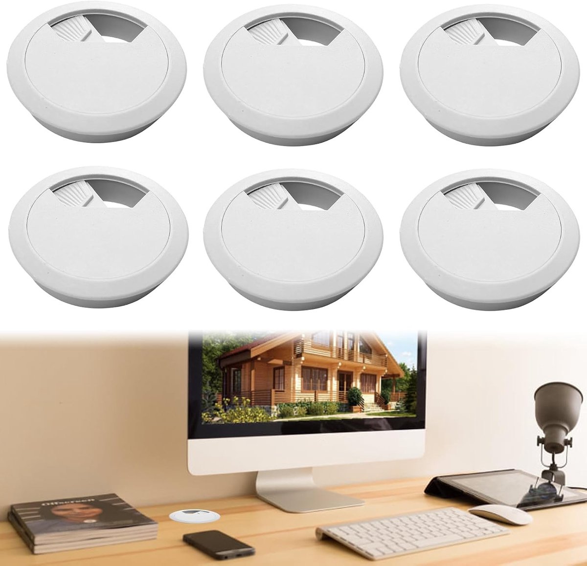Set van 6 kabeldoorvoeren voor bureau, professioneel kabelmanagement voor thuiskantoor, robuuste 50 mm kabelafdekking van ABS-kunststof, wit en duurzaam
