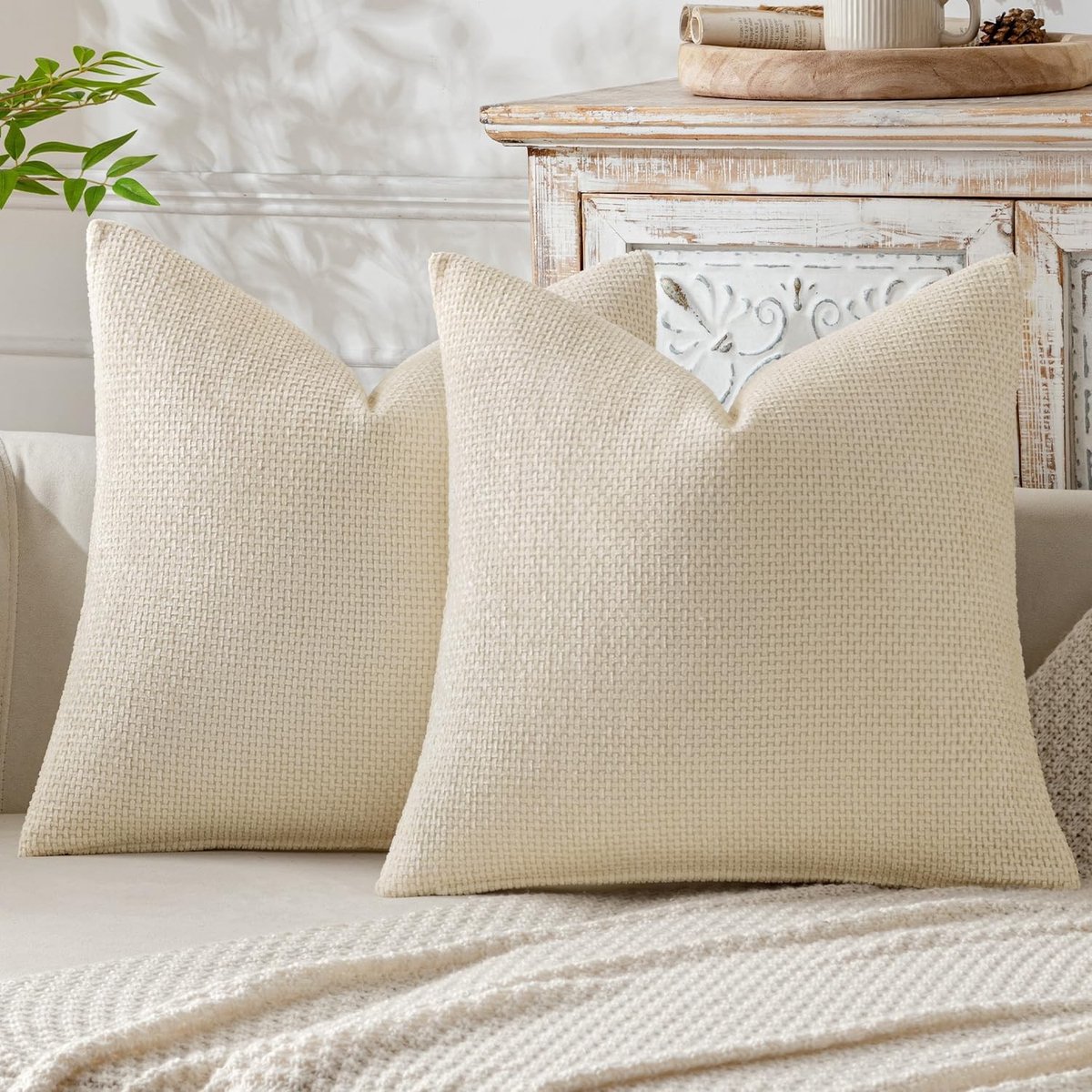 Set van 2 Decoratieve Kussenhoezen met Fringes, Chenille, voor Sofa en Woonkamer, Milky White 50 x 50 cm