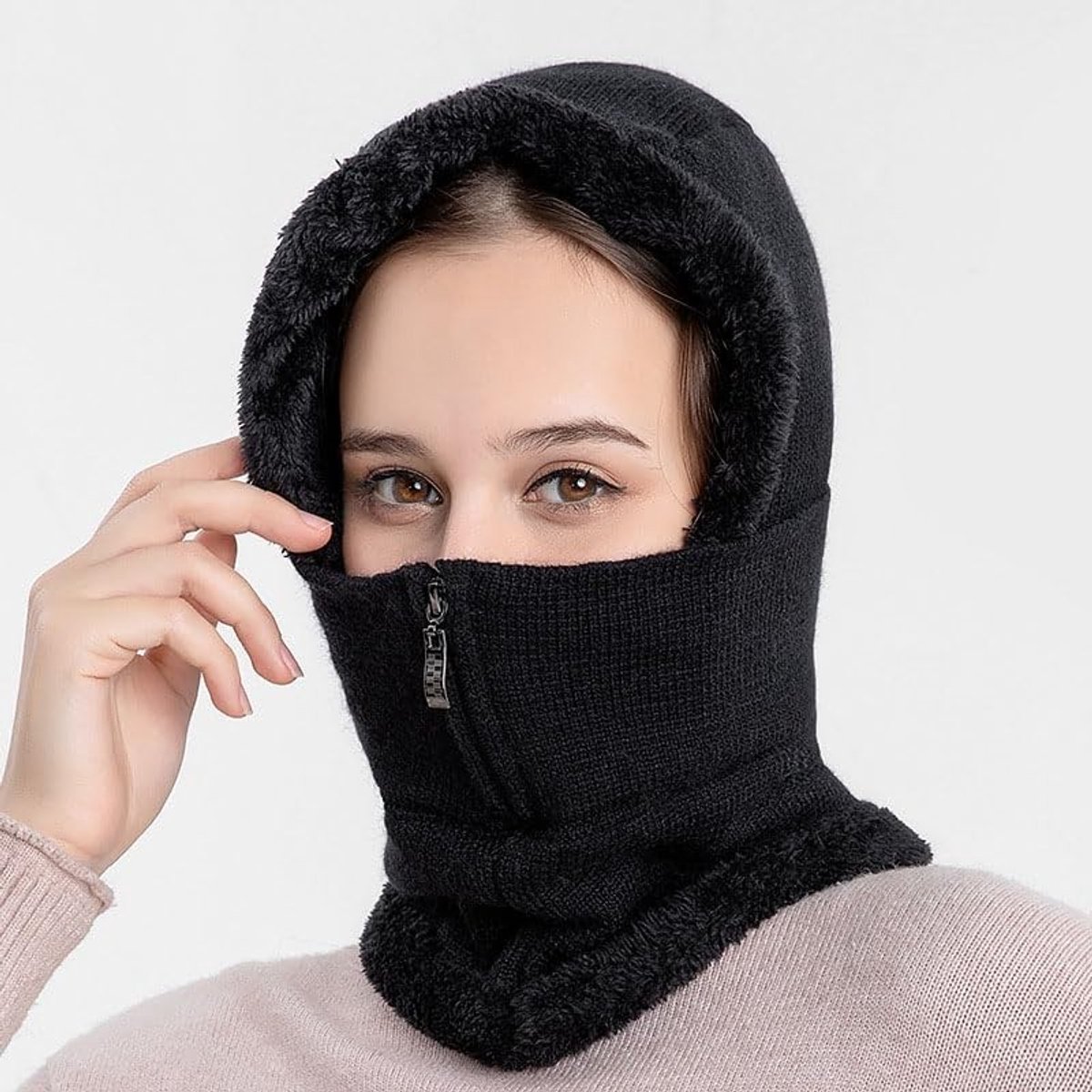 Unisex 3-in-1 winterbalaclava met pompon, warme gebreide muts en thermische sjaal voor skiën en buitenactiviteiten