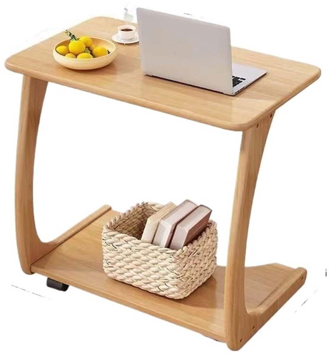 C-vormige Bijzettafel - Massief Hout met 360 Graden Wielen
