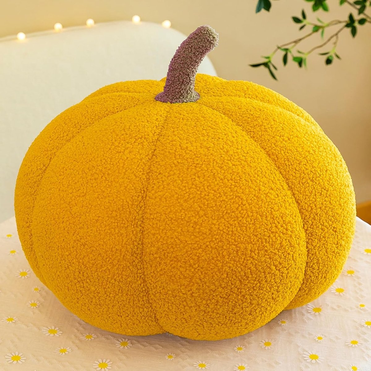Pluche Pompoen Kussen, 3D Decoratief Kussen voor Thuis, Perfect voor Halloween en Thanksgiving, 20 cm (Geel)