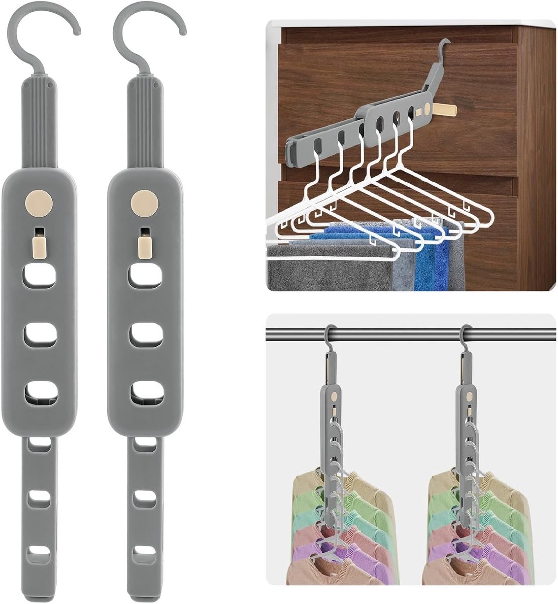 YAGXIG Opvouwbaar Kledingrek - Multifunctioneel Kledingdroogrek - Reiskledingrek - Ruimtebesparend - Kunststof Hanger - Geschikt voor Kasten (Grijs 2-pack)