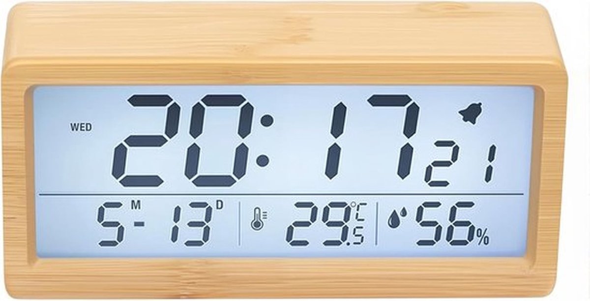 Digitale wekker, Houten tafelklok met extra groot LCD display, Temperatuur en luchtvochtigheid weergave, Nachlicht en Sluimerfunctie, Batterij gevoed type1