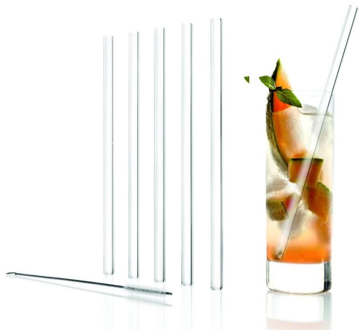 Longdrink Set van 13 Stukken - 6x Kristallen Glazen met Rietjes - 320 ml
