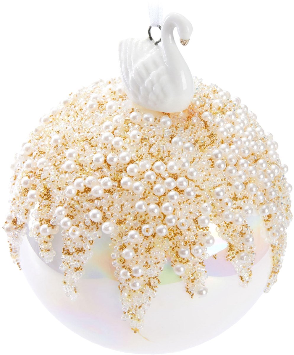 Kerstbal met zwaan porselein - 10 cm glazen kerstdecoratie - Wit