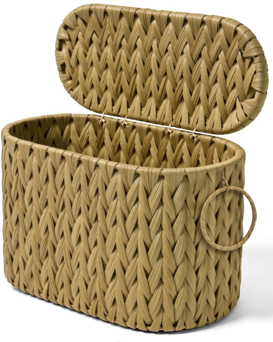 Rieten Toiletpapier Mand met Deksel - Vintage Geel