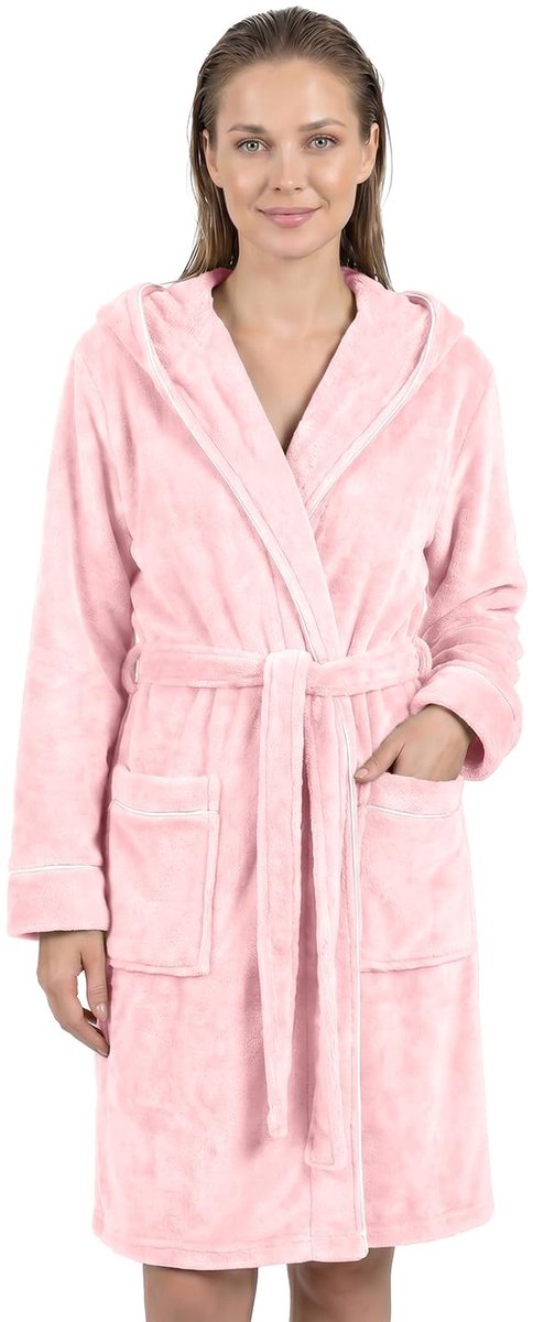 Dames Badjas - Fluffy Fleece met Capuchon - Roze