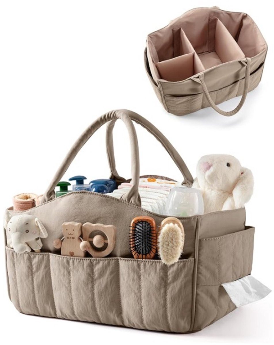Luiersmand voor baby draagbare, luiers organizer met 8 opbergvakken, verstelbare tussenwanden, luiertas met handvat voor babykamer en onderweg, 32 × 21 × 18 cm,Kameel