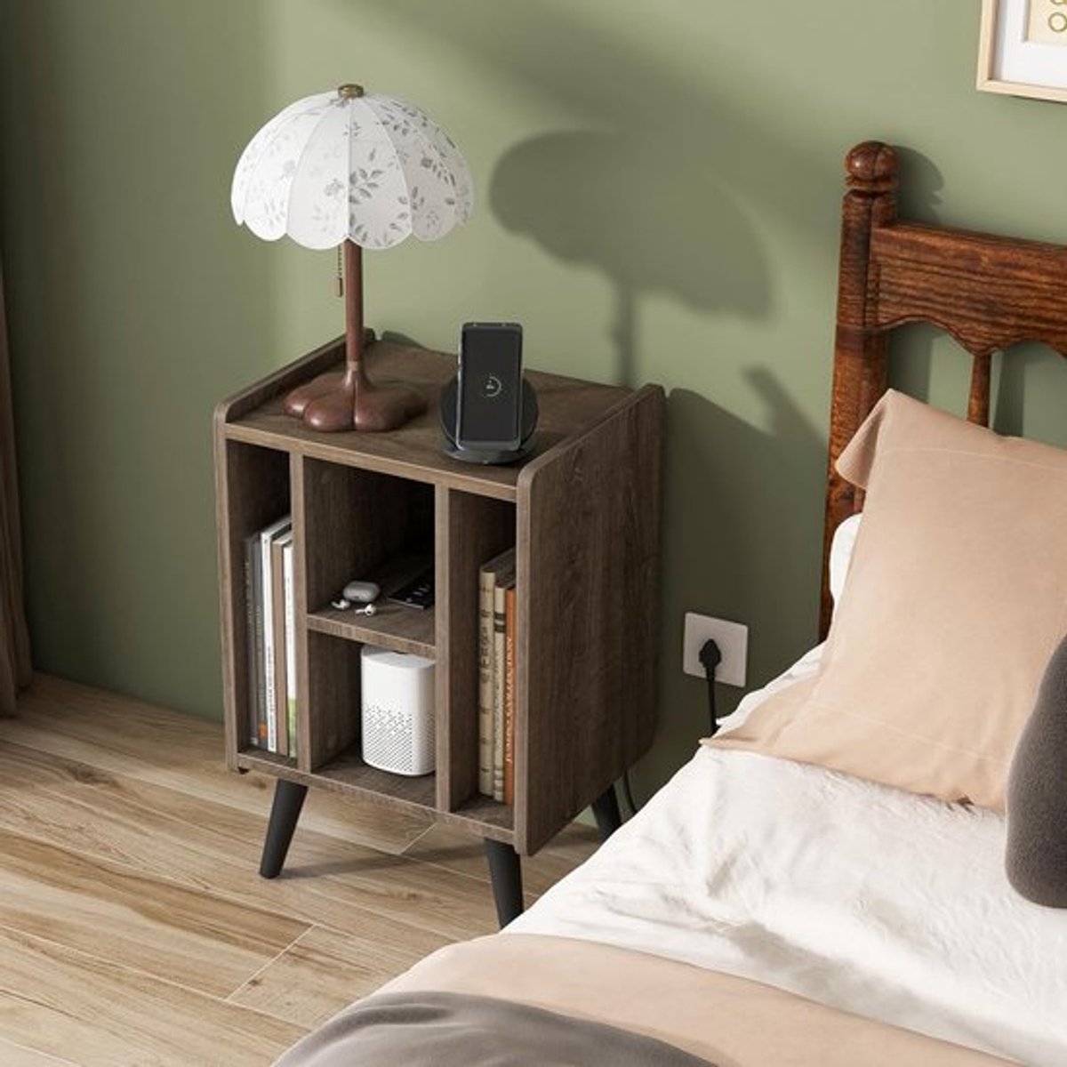 Platenstandaard Met Oplaadstation - 4 Open Planken - 15,1 Kg Gewicht - Vintage Vinyl Platenrek