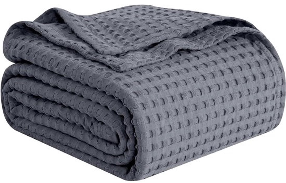 Wafeldeken Katoen - Wafel plaid Dekentje - Comfort en Decoratie - Ademend en Lichtgewicht - 175 x 214 cm - Grijs