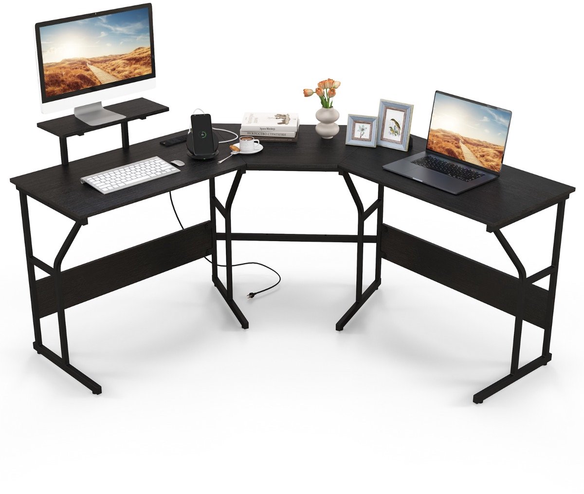SureDeal® - Bureau - Vormig - Stopcontacten Hoekbureau - Verwijderbare Schermsteun Lange - Personen - 148x148x91 cm - Donkerbruin