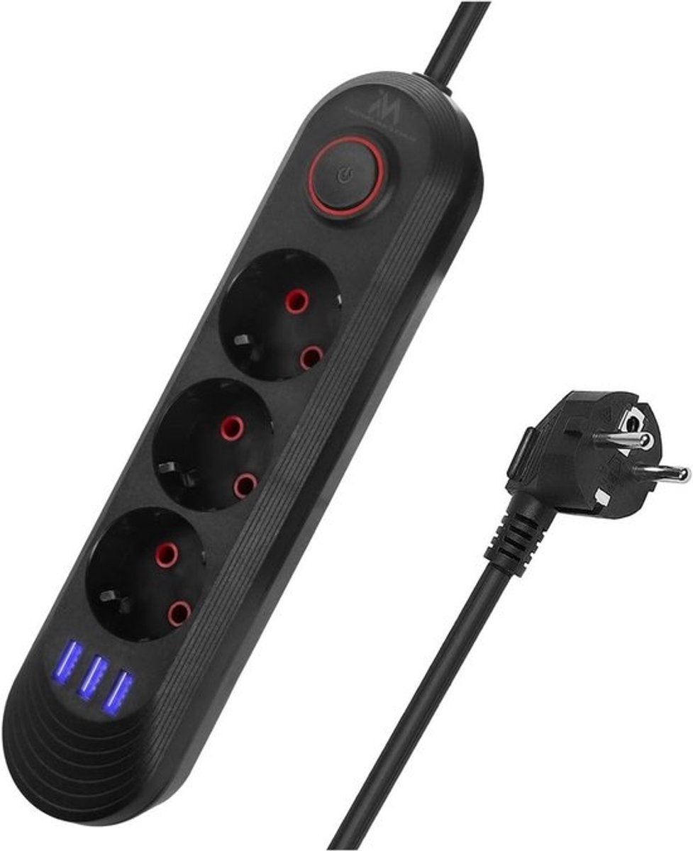 Stroomverdeler met USB - Verlengkabel stekkerdoos - Apparaten opladen - 45 graden aansluitingen - 1.5 meter - Zwart