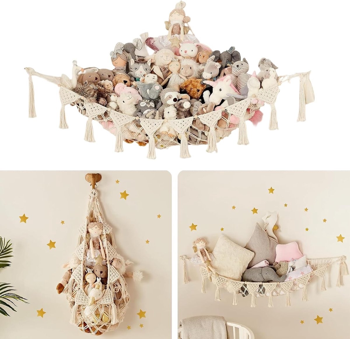 Grote Hangende Hangmat voor Knuffeldieren - Opbergnet voor Speelgoed met LED Sfeerverlichting en Bohemian Design voor de Kinderkamer