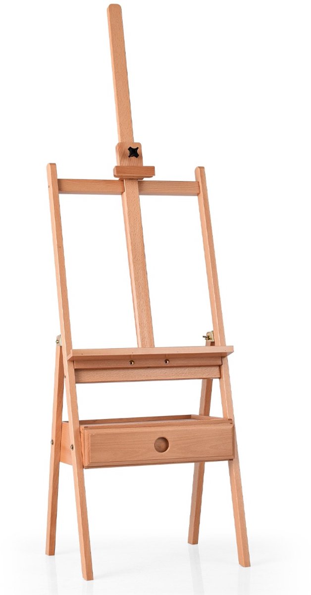 SureDeal® - Boekenkast - Art Ezel Vloerschildersezel - Lade Gemaakt Beukenhouten - Verstelbare Plank Naturel - 44x41,5x151 cm - Natuur