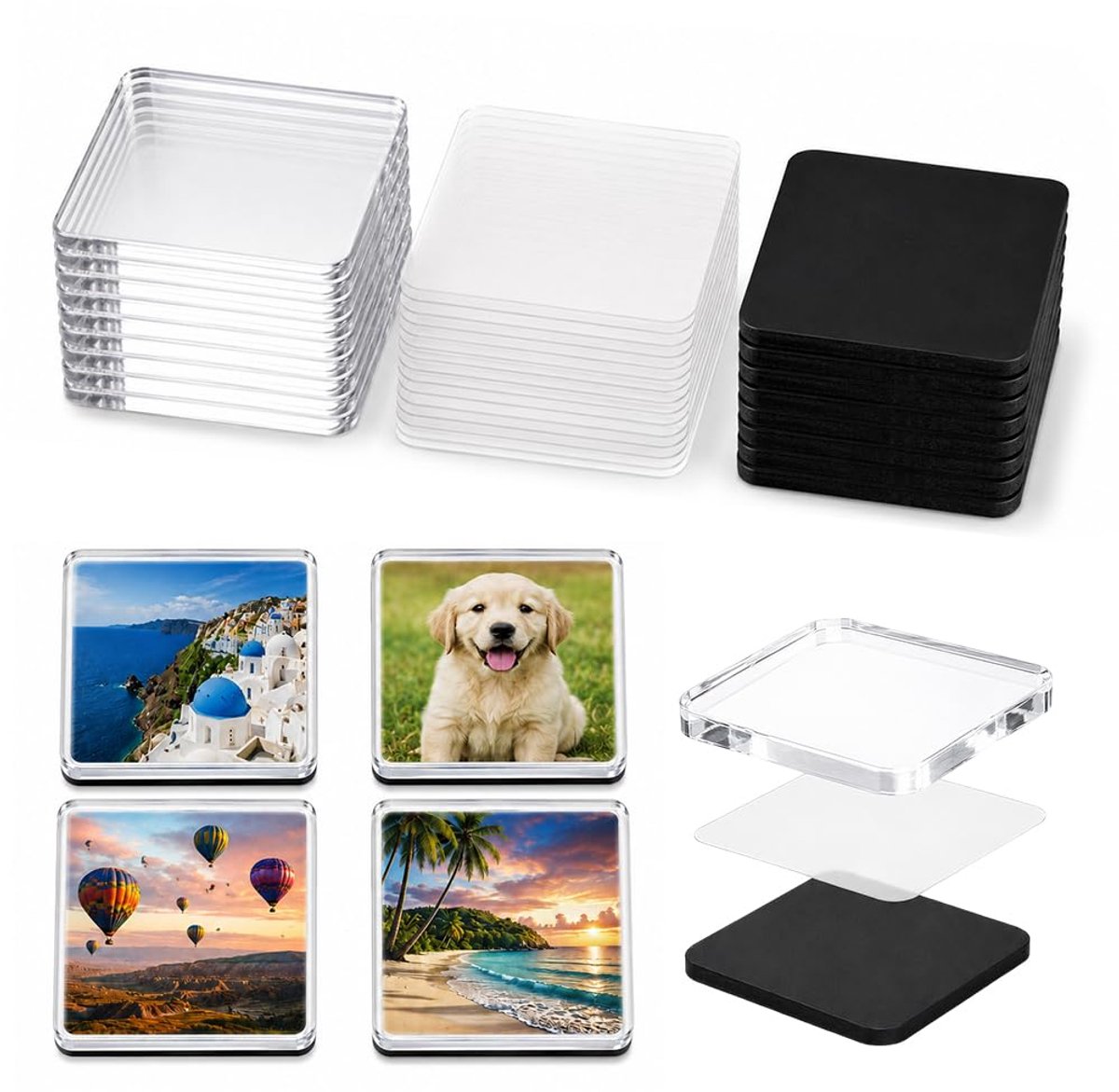Namajunas - 30 stuks DIY magneten koelkast - Acryl magneten whiteboard voor foto's - 5 x 5 cm magneten zelf vormgeven - Met zelfklevende achterkant en magneet - knutselset voor het individueel ontwerpen van fotomagneten voor keuken en klaslokaal
