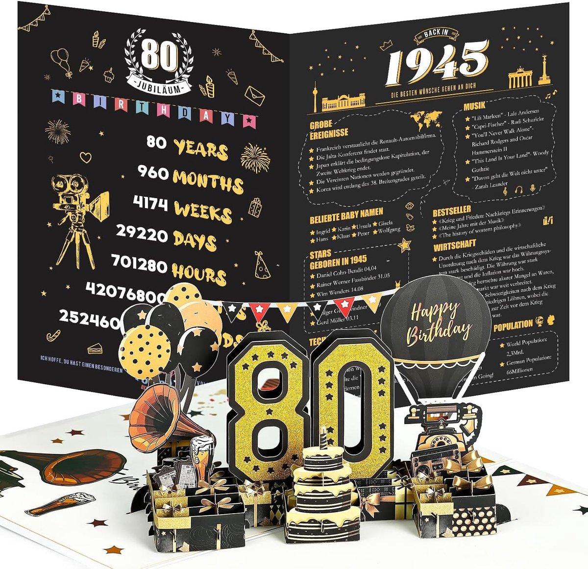 80ste Verjaardagskaart, 1945 Jaarverjaardag Kaart, 3D Pop-Up Wenskaarten met Envelop, Vintage Verjaardagscadeaus voor Echtgenoten en Vrienden