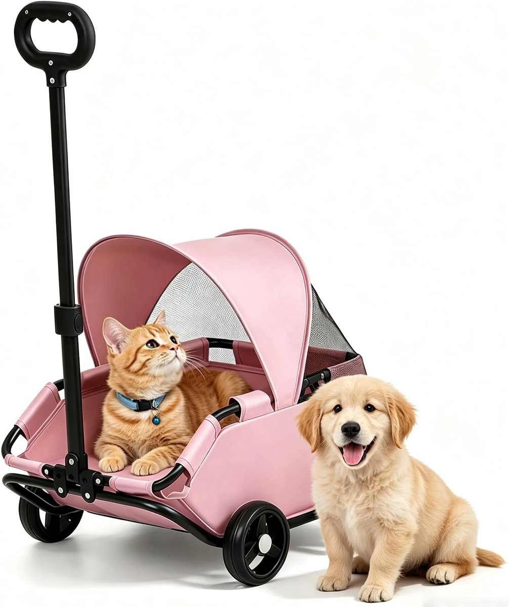 Opvouwbare honden- en kattenwagen met 360° draaibare handgreep, zonnedak en comfortabel ontwerp voor dieren tot 14 kg, ideaal voor puppy's en kittens