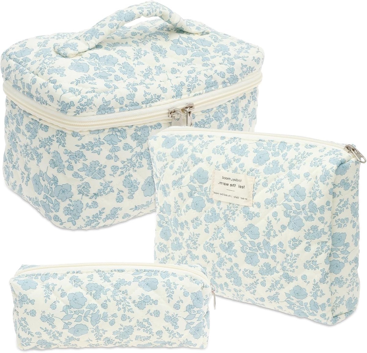 Cosmetica Set van 3 Stuks, Draagbare Make-up Tas met Handvat en Rits, Bloemenpatroon Reistassen voor Vrouwen en Meisjes, Lichtblauw, Ideaal voor Schoonheid en Organisatie