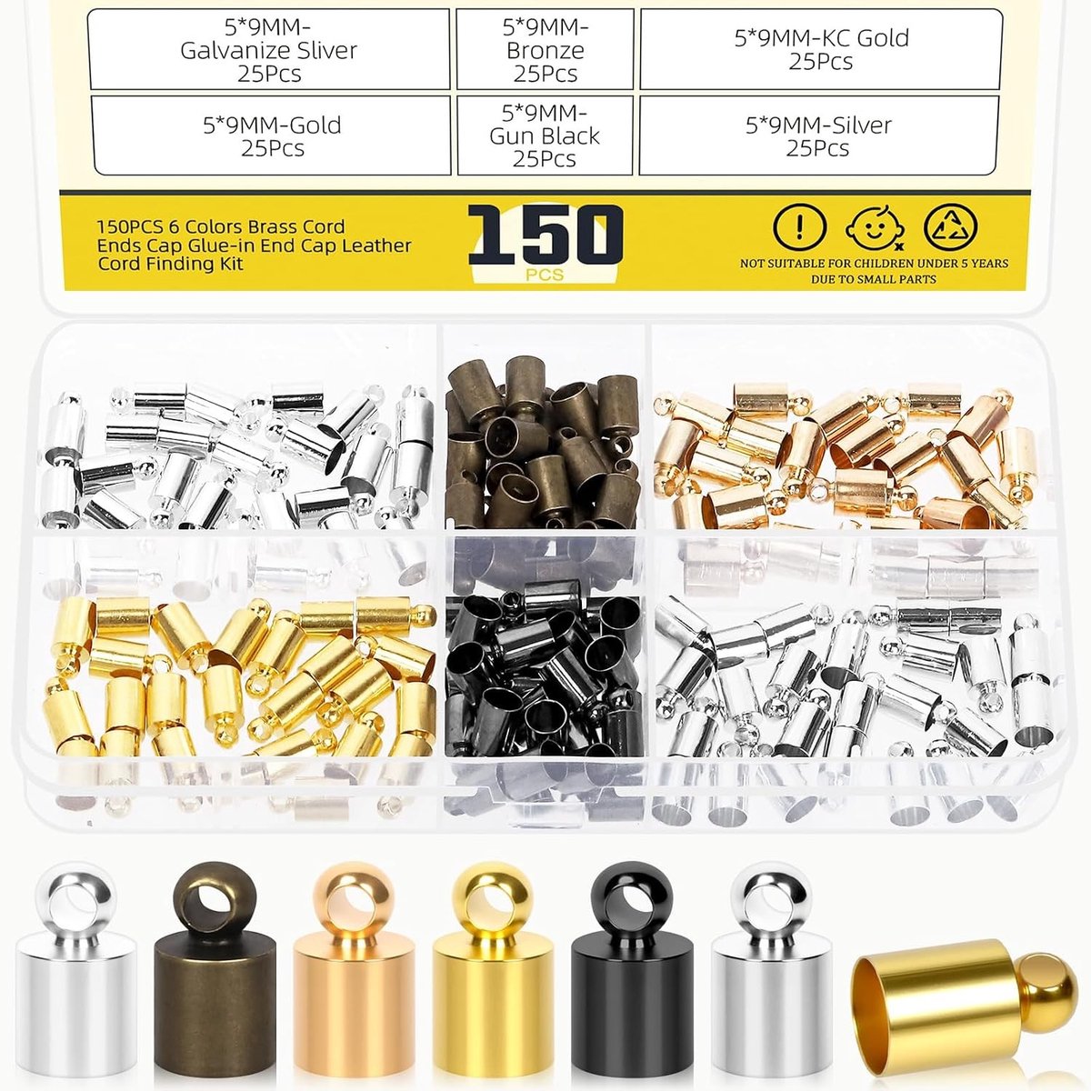 150PCS 5mm Koper Koord Eindkappen Set in 6 Kleuren voor Leer Koord, Tas Hangers, Armbanden, Kettingen en Sieraden Creatie met 9mm Lengte