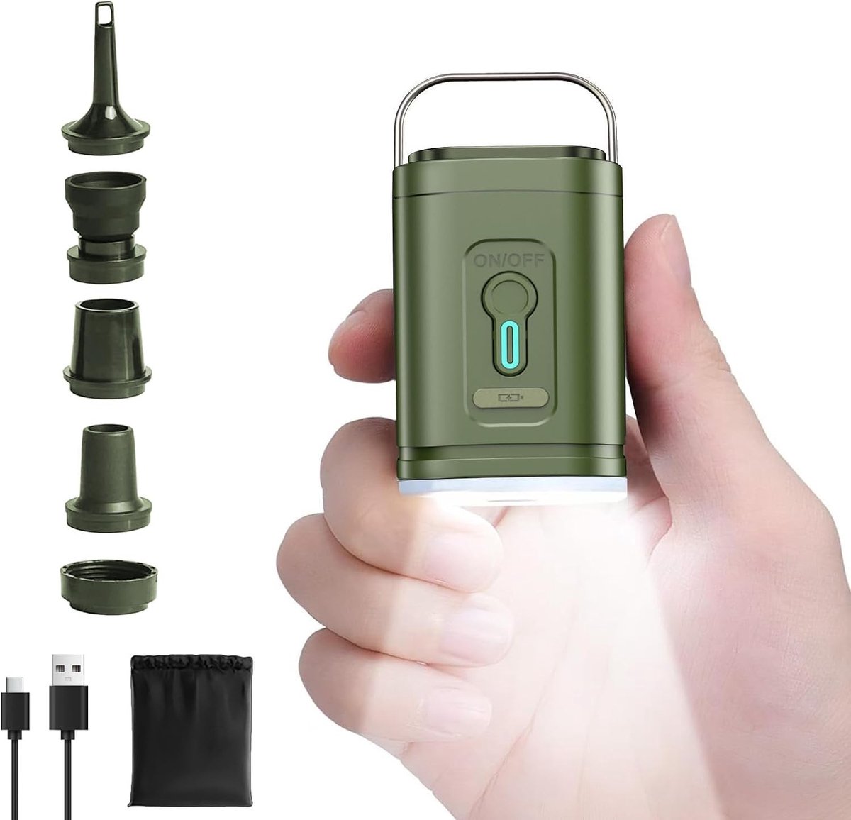 Draagbare elektrische luchtpomp met 2400 mAh batterij en 5 opzetstukken - Snel opblazen en leeg laten lopen voor luchtbedden, zwembaden en vacuümzakken, inclusief LED-lamp voor campinggebruik