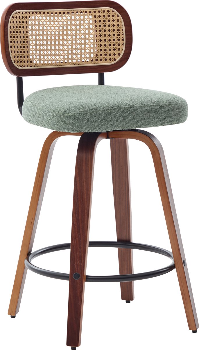 Merax Set Van 3 Draaibare Barkrukken Met Rotan Rugleuning - Olijfgroen Linnen - Walnootkleurig Hout - Met Voetensteun - 66 cm Zithoogte