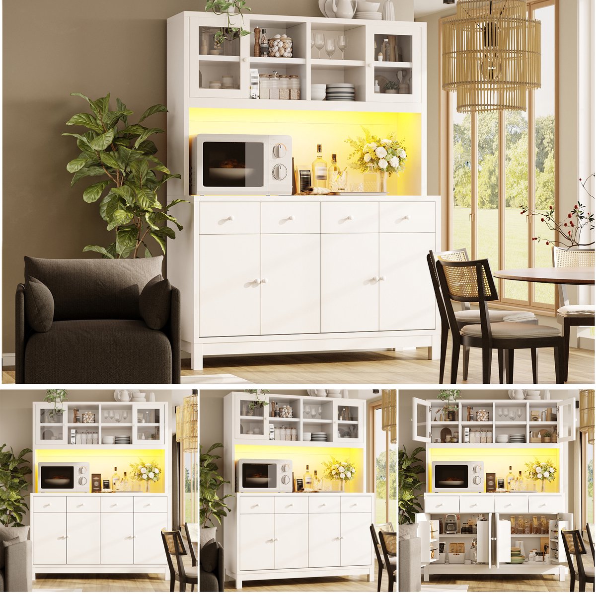 Clruro Dressoir - 140 x 38,5 x 180 cm - App-RGB LED - 4 Laden en Glazen Deuren - MDF - Naturel